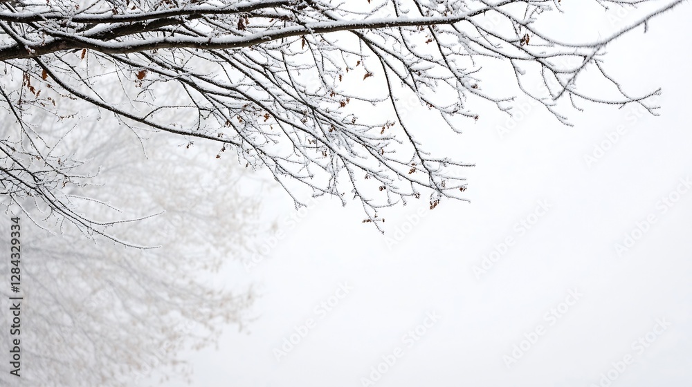 Aufkleber Winter branches covered in snow creating a serene and peaceful snowy landscape with soft focus : Generative AI