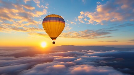 Obraz premium Colorful hot air balloon floating over clouds at sunrise creating a picturesque morning scene : Generative AI