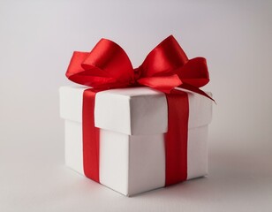 Obraz premium Caja de regalo Blanca, con un lazo rojo en las esquinas fondo blanco neutro