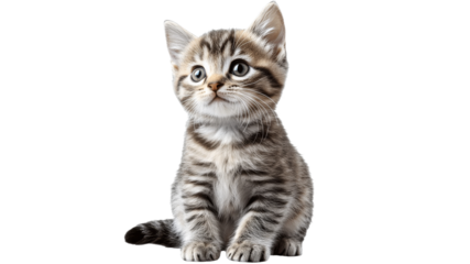 Cute gray striped kitten sitting and looking up