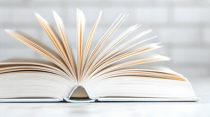 Fototapeta premium Open book, pages fanned, brick background, knowledge concept, education