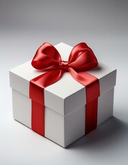 Obraz premium Caja de regalo Blanca, con un lazo rojo en las esquinas fondo blanco neutro
