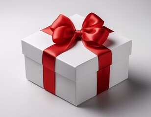 Obraz premium Caja de regalo Blanca, con un lazo rojo en las esquinas fondo blanco neutro