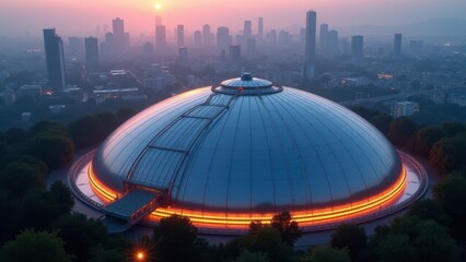 Obraz premium Water collection system, Futuristic water collection dome atop a cityscape during twilight with neon lights reflecting off its metallic surface.
