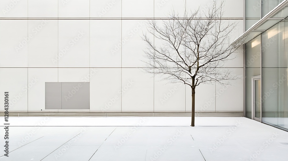 Poster Minimalistic winter setting featuring a lone tree in a serene landscape emphasizing architectural beauty : Generative AI