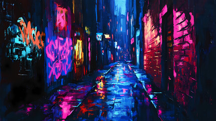 Neon noir: mysterious cyberpunk cityscape with glowing graffiti and atmospheric lighting in dark urban alleyways at night. neon noir. illustration. Glowing Cyberpunk Alley. Illustration