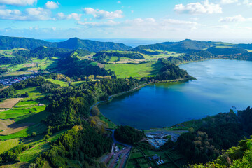 Panoramic aerial view of Furnas Lake in the Azores