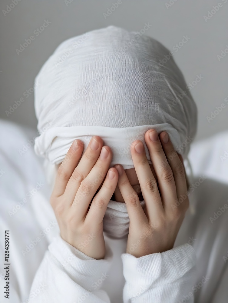 Aufkleber Person Covering Their Face with Hands While Wearing a White Headscarf in a Minimalistic Setting : Generative AI