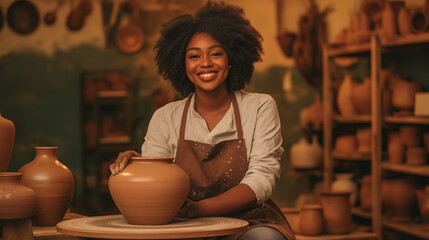 Artisan's Smile: A beaming female potter in her studio. surrounded by handmade pottery, embodies the joy of creation and artisan craftsmanship.