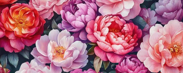 Vibrant peonies in bloom: a colorful display of pink, red, and white flowers