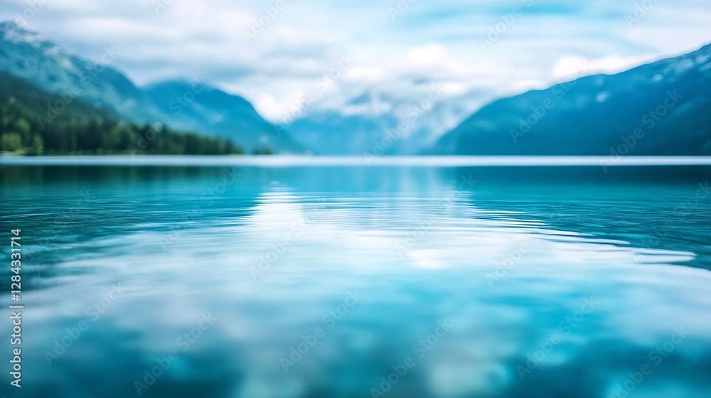 Poster tranquil scene of soft blue water reflecting scenic mountains in cloudy atmosphere : generative ai