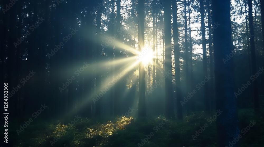 Aufkleber Sunrays breaking through dense forest creating a mystical atmosphere in nature : Generative AI