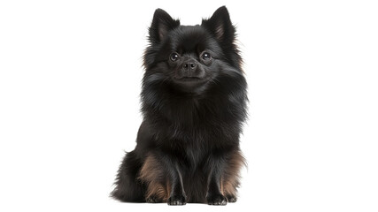 Black pomeranian sits elegantly on a white surface