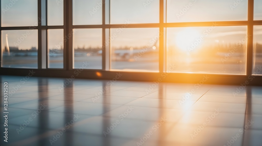 Poster stunning airport sunrise view through large windows with reflection on the floor : generative ai