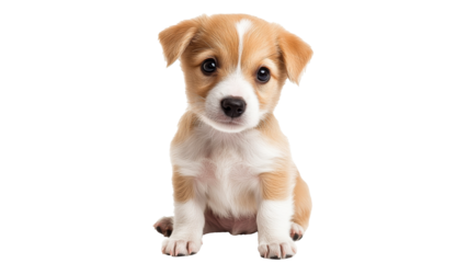 Cute puppy sitting with playful expression indoors