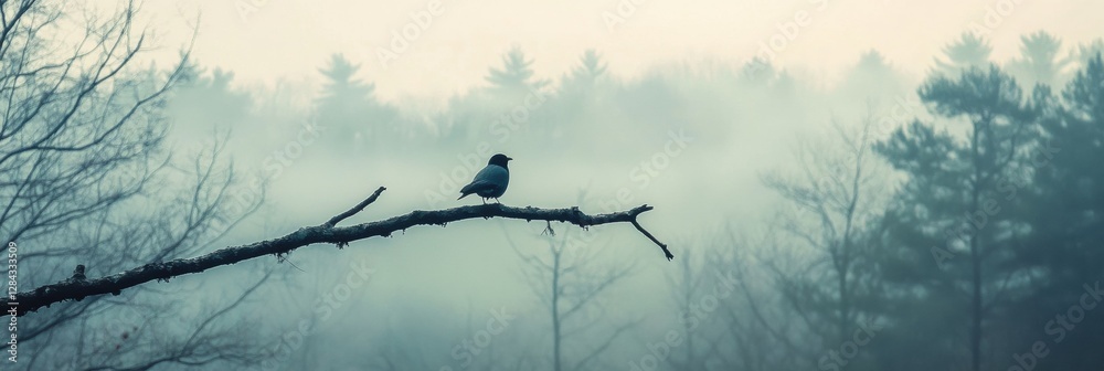 Poster lonely bird perched on a dead branch amidst a misty forest in early morning light. generative ai