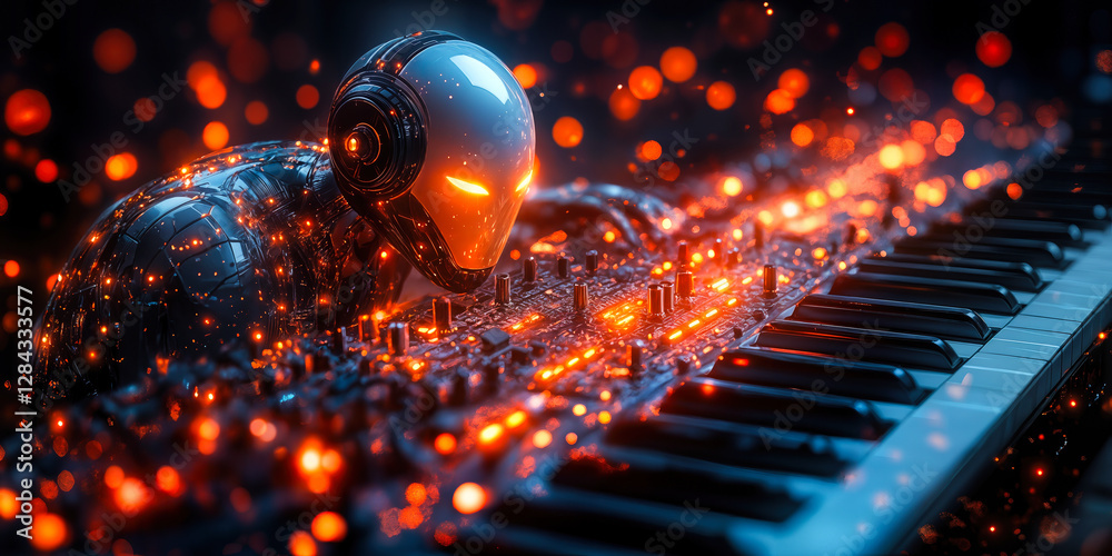 Poster futuristic ai music creation: advanced robotics in automated music generation and intellectual prope