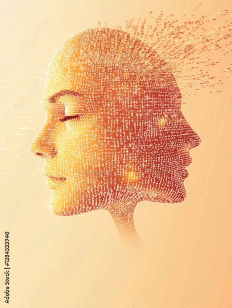 Aufkleber Human face outline dissolving into data stream illustrates futuristic AI concept and advanced technology. Generative AI