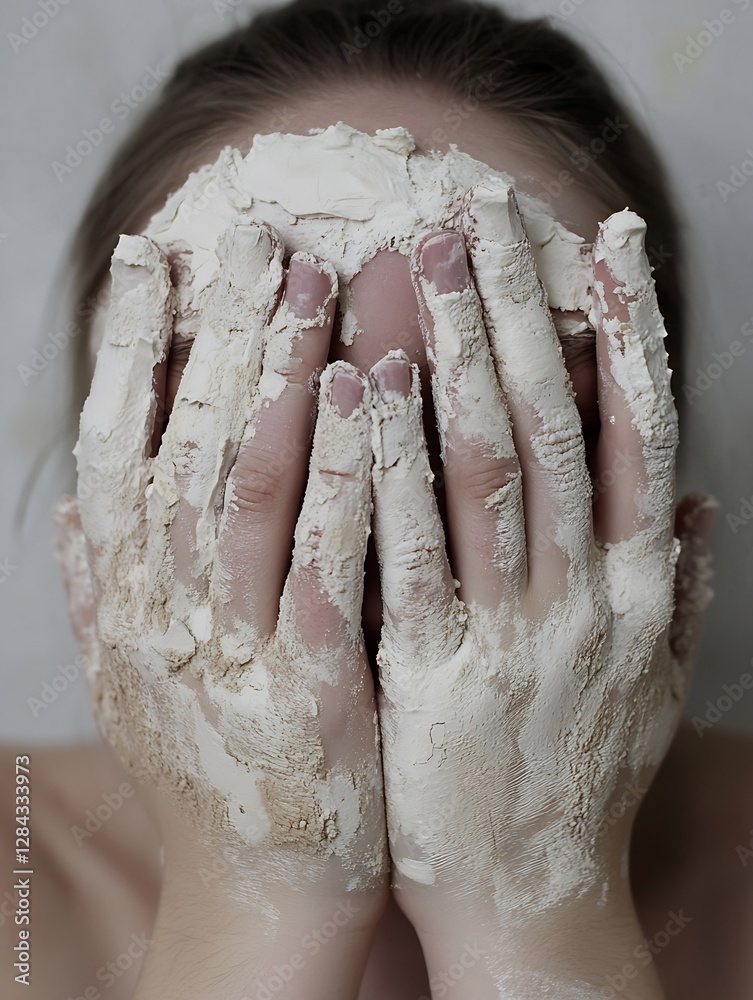 Poster Artistic Representation of a Person with Hands Covered in Clay and Masked Face : Generative AI