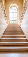 A majestic staircase inside the historic castle leading to a bright window on the top floor. 