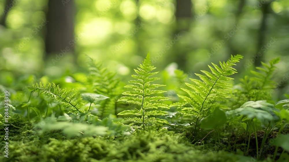 Aufkleber closeup of lush green ferns in a sunlit forest creating a tranquil atmosphere : generative ai