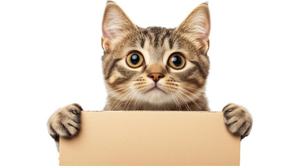 a cat holding a blank cardboard sign isolated on a transparent background