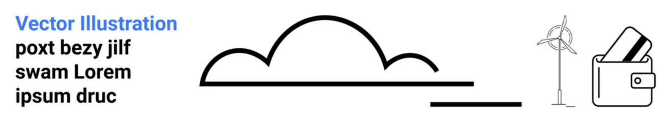 Three elements include a wind turbine, a wallet, and a cloud icon on a simple layout. Ideal for renewable energy, eco-friendly finance, green technology, environmental sustainability, clean energy