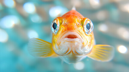 Fototapeta premium Close-up curious goldfish, aquarium, bokeh background, pet
