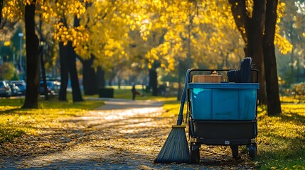 A cleaning cart with a blue plastic basket and brooms stay beside a street in the park