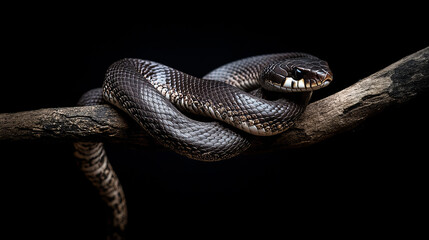 Naklejka premium Snake on Branch: A captivating snake with scales, resting coiled upon a rough tree branch. The contrast of the snake's form with the rugged branch.