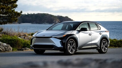 Sleek modern electric SUV parked near the coast with beautiful ocean backdrop and scenic view : Generative AI