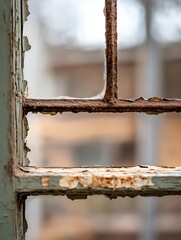 Rusty window frame with peeling paint providing a glimpse into an aged and forgotten space : Generative AI
