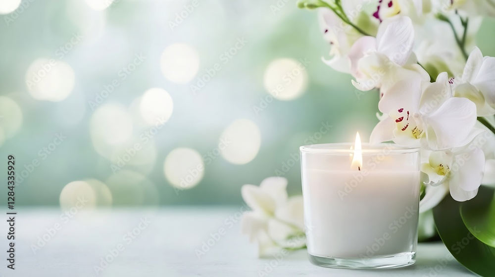 Poster elegant white candle with soft light surrounded by beautifully arranged orchids : generative ai