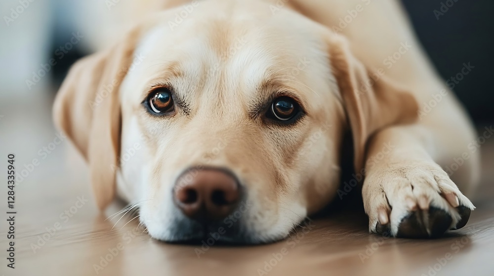 Poster close up of a gentle labrador retriever resting its head on the floor looking thoughtful : generativ