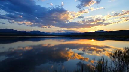 Fototapeta premium Breathtaking sunset reflection on calm lake with scenic mountain backdrop and lovely clouds : Generative AI