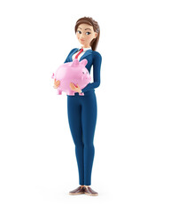 3d cartoon businesswoman standing with piggy bank