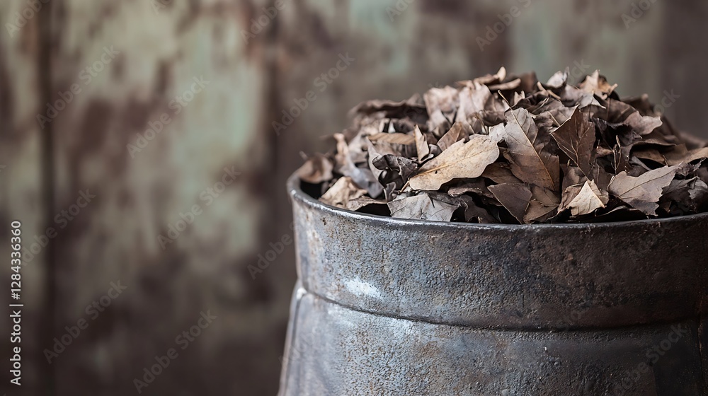Poster metal container filled with dry autumn leaves showcasing a rustic and natural decor element : genera