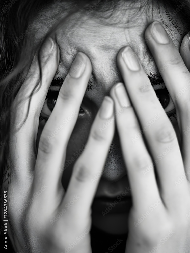 Poster Emotional portrait of a person concealing their face with hands expressing deep feelings and introspection : Generative AI