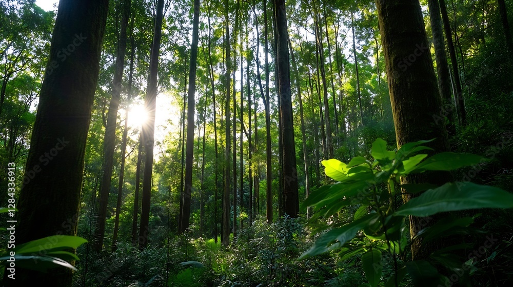 Poster serene forest landscape with sunlight streaming through tall trees in a lush green environment : gen