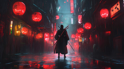 lone samurai poised rainsoaked