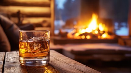 Moderate drinking by a fireplace in a rustic cabin. Featuring warmth and comfort