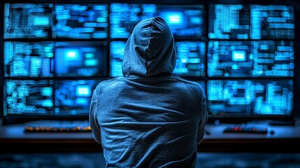Hooded Figure Amidst Multiple Computer Displays Hacker Data Analysis Cyber Security Concept