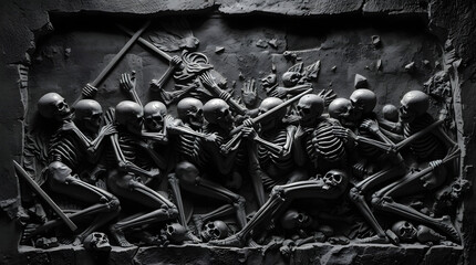 black bas-relief battle with skeletons