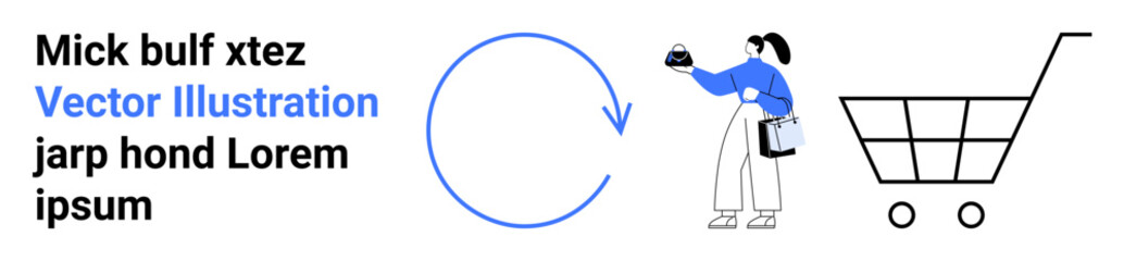 Woman holding a package and a shopping bag, standing near a circular recycling arrow and shopping cart. Ideal for sustainability, e-commerce, eco-consciousness, returns, logistics, retail, flat