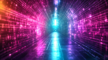 Fototapeta premium Colorful tunnel with bright light at the top in a neon cyberpunk alleyway featuring atmospheric rain and glowing elements background. Glowing Cyberpunk Alley. Illustration