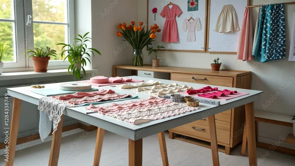 Poster A table with a variety of lace and fabric on it. There are also some measuring tools on the table