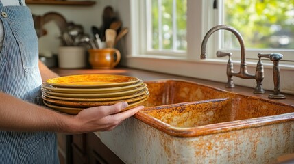 Farmhouse kitchen, stacking plates, sink, window view