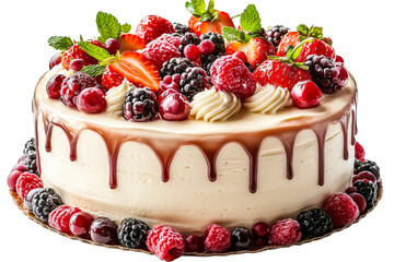 Delicious cake topped with fresh berries and cream