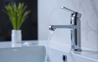 water flowing from faucet in a bathroom, Water tap, faucet. Flow water in bathroom with sink. Modern clean Hause. Hygiene concept.