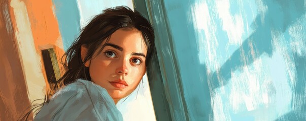 Portrait of a young woman in sunlit room with soft colors and thoughtful expression